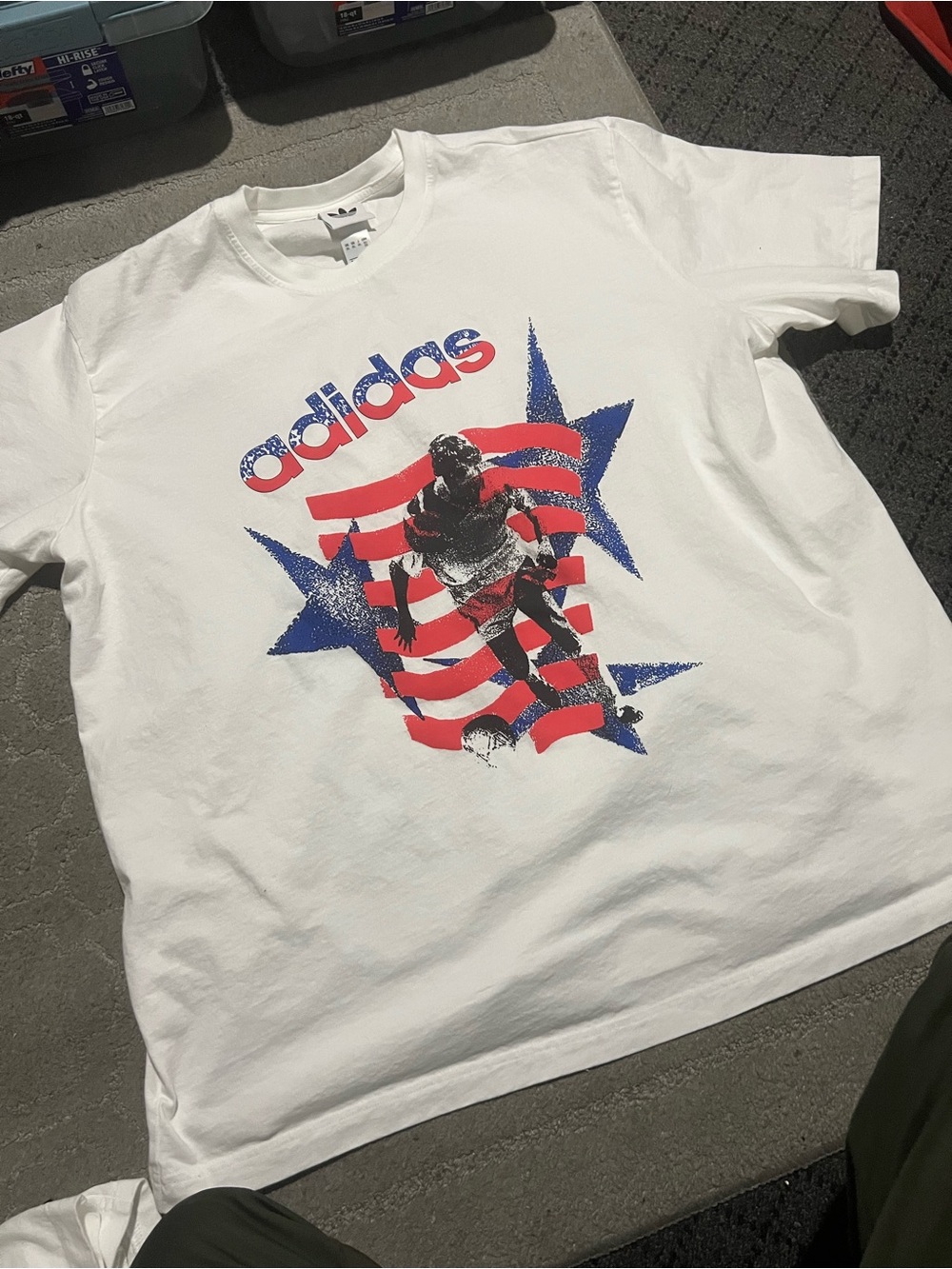 adidas White Short-Sleeve Graphic Soccer Tee with Red & Blue Print